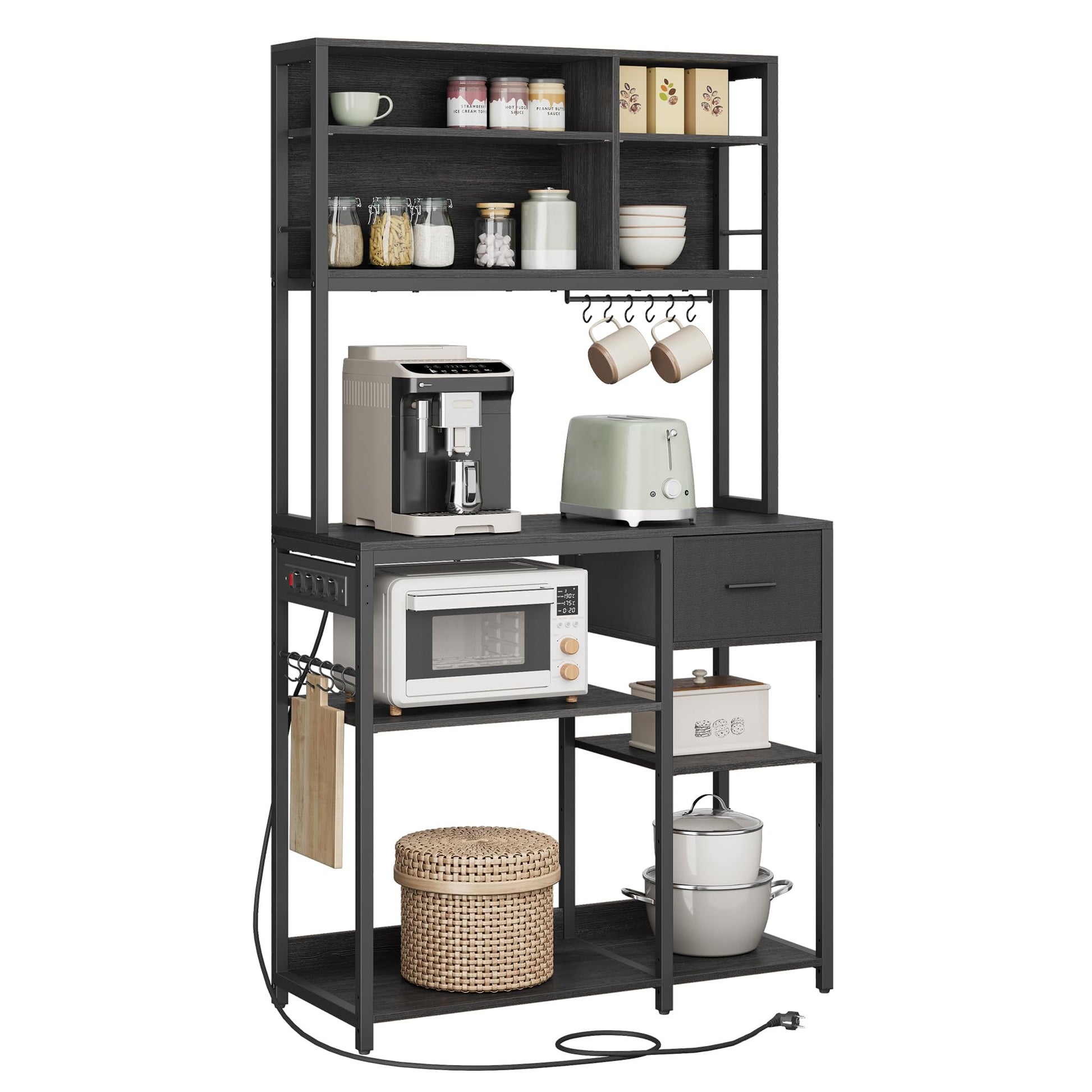 VASAGLE KKS027B02 Küchenregal mit Steckdosen – Anthrazit. Anthrazitfarbenes Standregal für Stauraum und Stromversorgung von Küchengeräten.