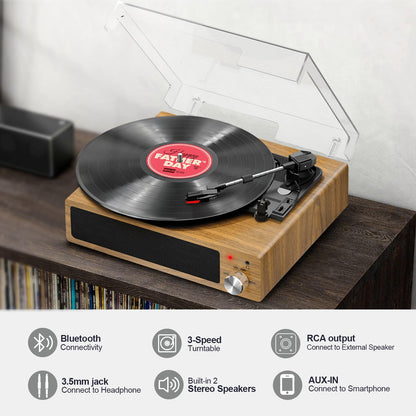 FYDEE Vinyl-Plattenspieler Bluetooth mit Lautsprechern - Naturholz