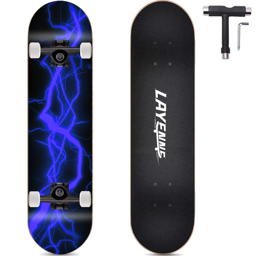 LAYENNE Skateboard Komplettboard 31 x 8 Zoll, Ahorn, ABEC-11, rot – Deck mit Blitz-Motiv, Doppel-Kick und PU-Räder