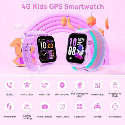 Ucani A28 4G Kinder-Smartwatch mit GPS, Videoanruf und SOS, Lila