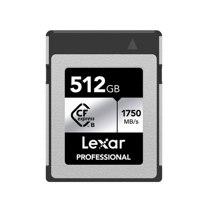 Lexar Professional SILVER Series 512GB CFexpress Typ B - 1750MB/s. Rechteckige, silberne Speicherkarte für schnelle Datenübertragung in Kameras.