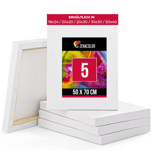 Zenacolor Leinwand auf Keilrahmen 5er Set 50x70 cm, 100% Baumwolle, weisse Bespannung auf Holzrahmen