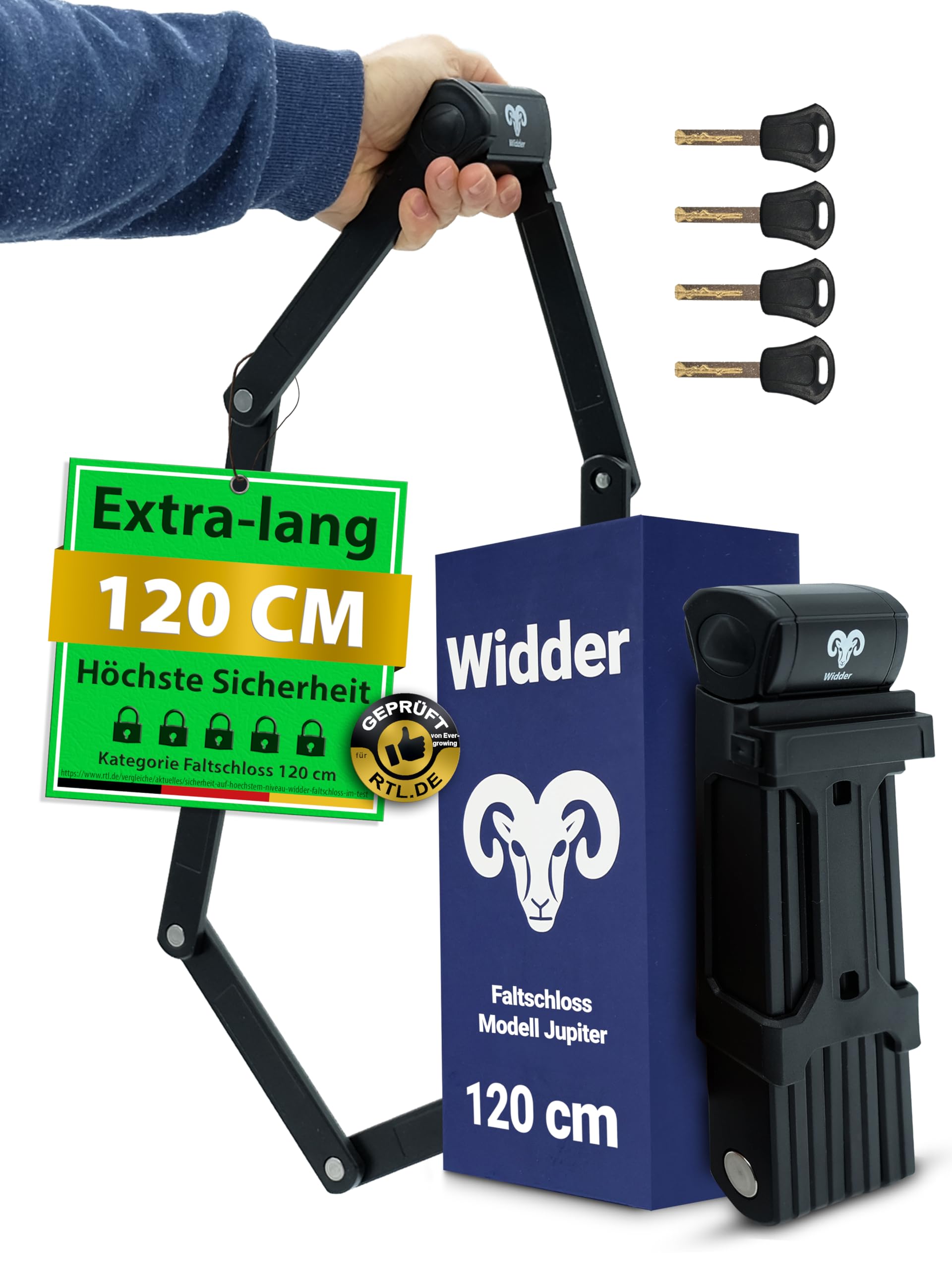Widder Jupiter Faltschloss 120 cm mit Halterung und 4 Schlüsseln, faltbare Stahlglieder