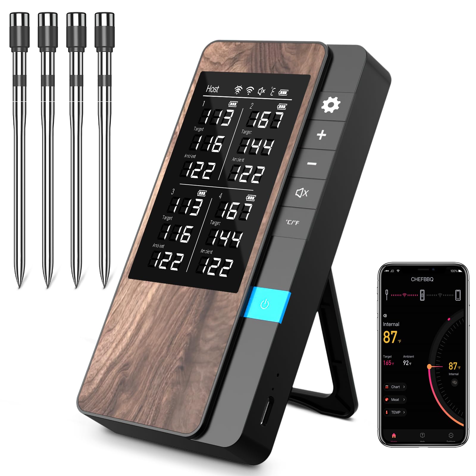 Pakinui Fleischthermometer kabellos 4er-Pack mit Bluetooth und App, Sonden aus Edelstahl