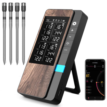 Pakinui Fleischthermometer kabellos 4er-Pack mit Bluetooth und App, Sonden aus Edelstahl