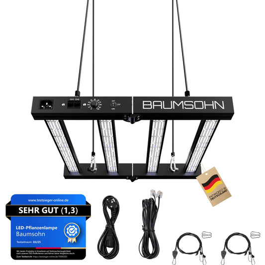 Baumsohn® ProLine GL1000W Vollspektrum LED Pflanzenlampe. Rechteckige, schwarze LED-Leuchte zur Wachstumsförderung von Pflanzen im Innenbereich.
