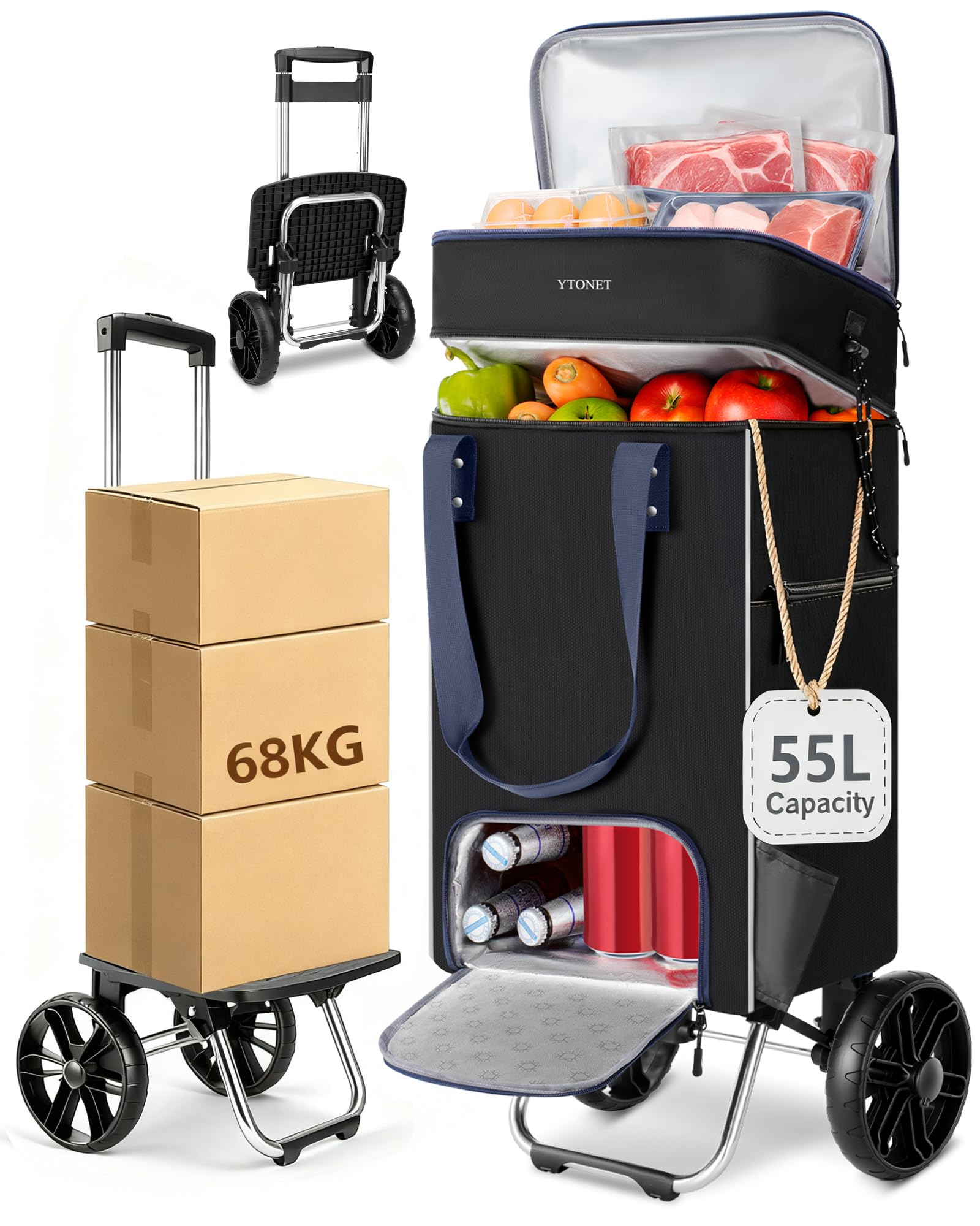 Ytonet Einkaufstrolley klappbar mit Kühlfach, 3-in-1, 55 L, schwarz – Aluminiumrahmen mit Nylontasche und grossen Rädern