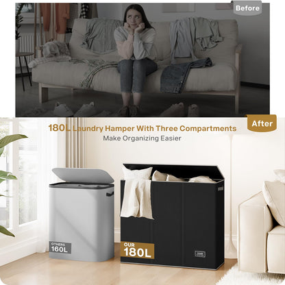 SOLEDI Wäschekorb mit Deckel, 180 L, 3 Fächer, faltbar