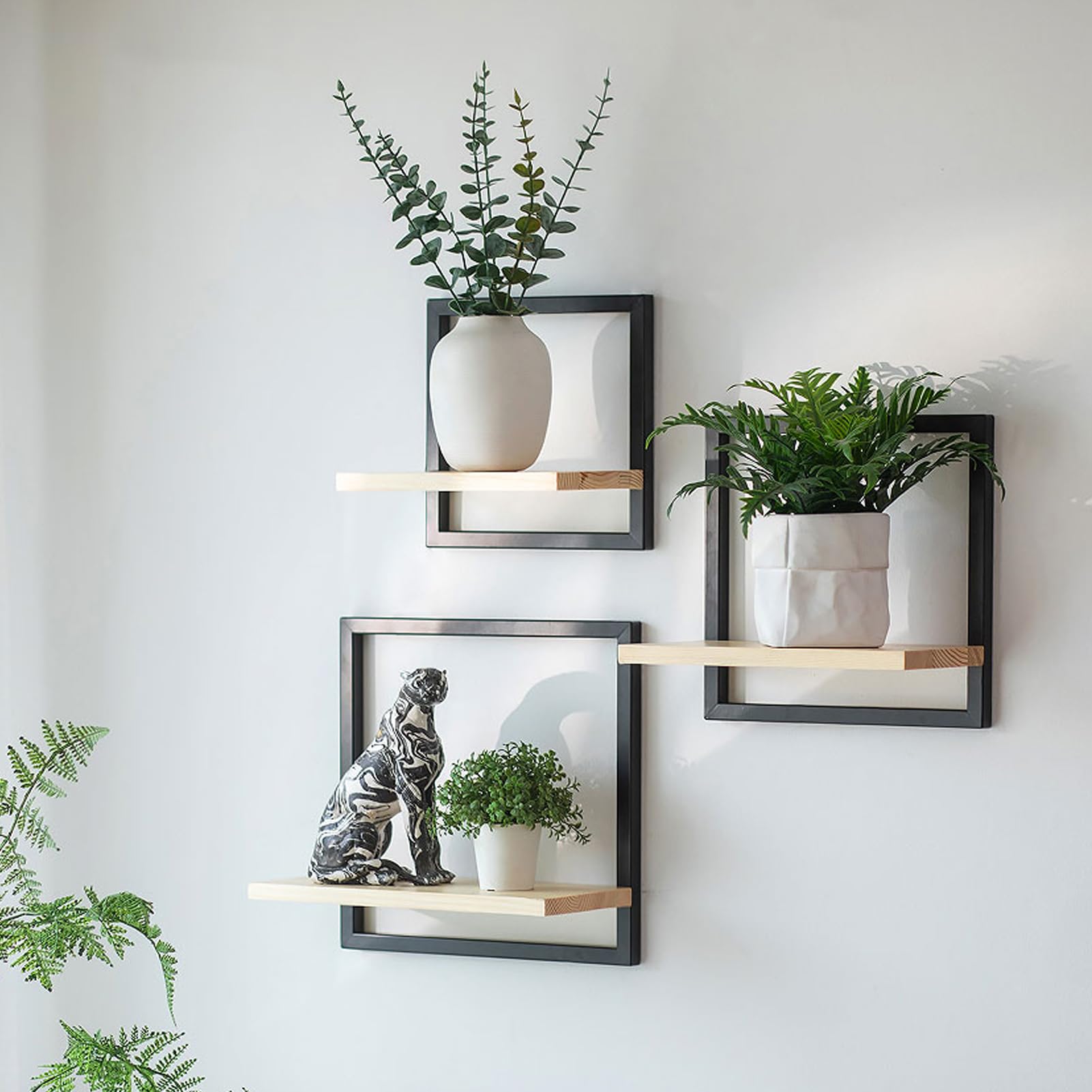 Walasis Wandregal Schwarz, 3er Set quadratische Schweberegale aus Metall und Massivholz