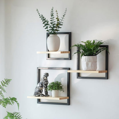 Walasis Wandregal Schwarz, 3er Set quadratische Schweberegale aus Metall und Massivholz
