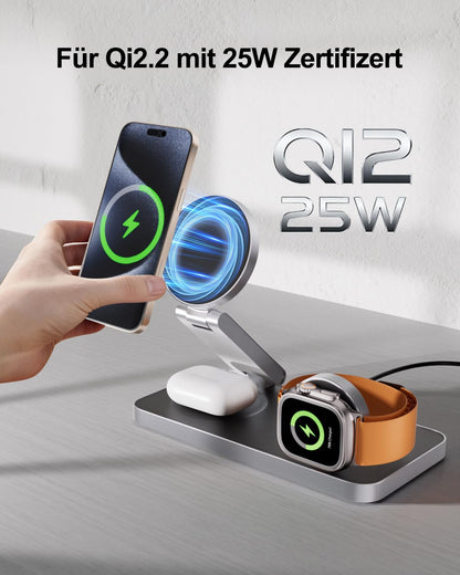 QTlier 3-in-1 Ladestation Qi2.2 25W für iPhone, Apple Watch, AirPods