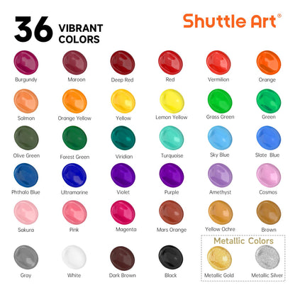 Shuttle Art Acrylfarben Set, 36 Farben à 60 ml mit Pinseln und Palette