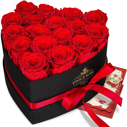 QHHENTOO Infinity Rosen Herzbox, 17 konservierte Rosen in Rot, schwarze herzförmige Geschenkbox