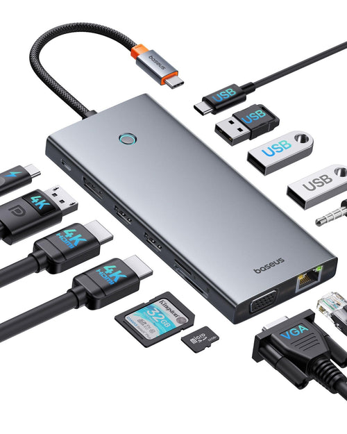 Baseus USB C Docking Station – 3 Monitore, 13-in-1 Hub. Rechteckiger, schwarzer Hub zur Verbindung von 3 Monitoren und Peripherie mit dem Laptop.