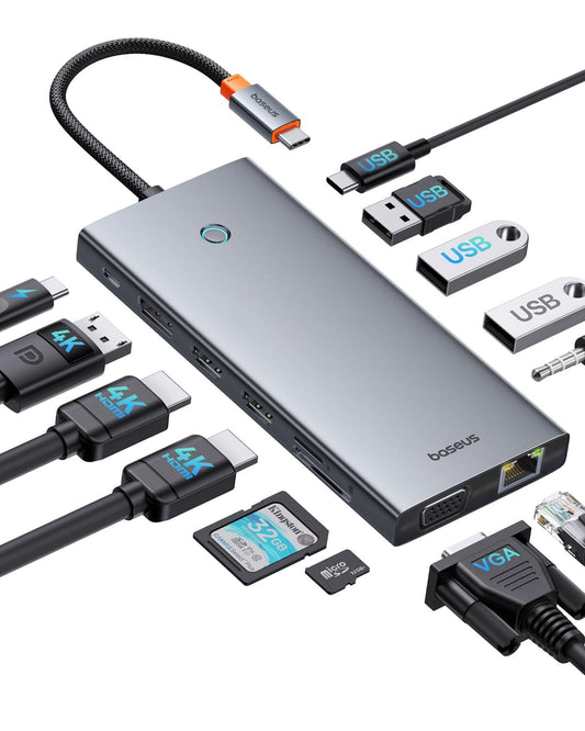 Baseus USB C Docking Station – 3 Monitore, 13-in-1 Hub. Rechteckiger, schwarzer Hub zur Verbindung von 3 Monitoren und Peripherie mit dem Laptop.