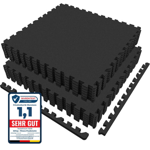 AIRHOP Fitness Puzzlematte 12er-Set 60x60x1.4cm Schwarz. Zwölf schwarze, quadratische EVA-Schaumstoff-Puzzlematten. Dämpft Stöße bei Sport und Fitness.
