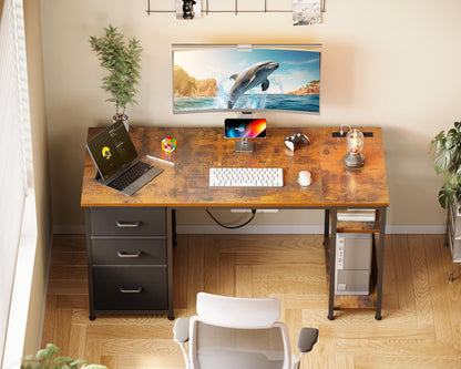 Coleshome Schreibtisch 130x48cm - Braun, Stoffschubladen, Steckdosen