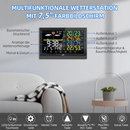 LFF Funk Wetterstation Innen Aussen mit Sensoren - Farbdisplay Atomuhr
