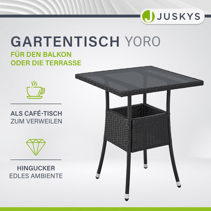 Juskys Gartentisch Yoro Polyrattan mit Glasplatte 60x60 cm schwarz