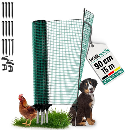 VOSS.farming Begrenzungszaun Classic ohne Strom, 15 m, 90 cm, grün, Kleintiernetz mit 9 Pfählen