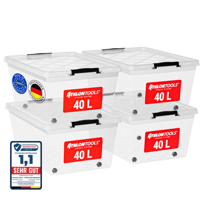 ATHLON TOOLS Aufbewahrungsboxen 40 L mit Deckel, transparent, 4er-Set, schwarze Verschlussclips