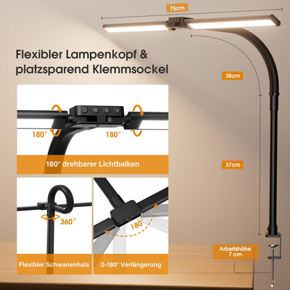 SIBRILLE LED Schreibtischlampe Doppelkopf, dimmbar, klemmbar, schwarz