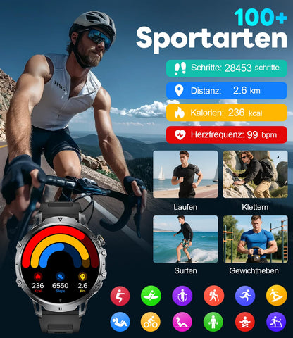 LIGE Smartwatch Herren EF13 mit 1,85 Zoll HD-Display und 2 Armbändern