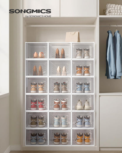 SONGMICS Schuhboxen 18er Set, Kunststoff, stapelbar, transparent-weiss