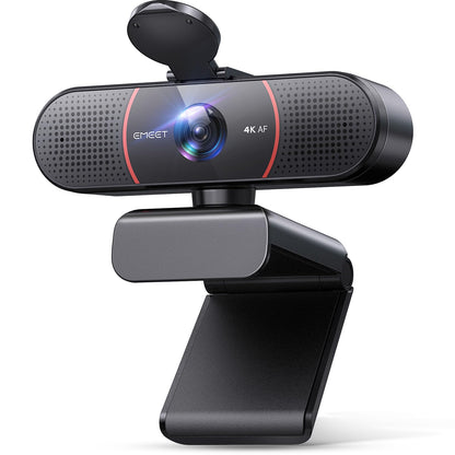 EMEET C960 4K UHD Webcam. Schwarzes, rechteckiges Gehäuse mit Klemmhalterung für gestochen scharfe 4K-Videokonferenzen und Streaming.