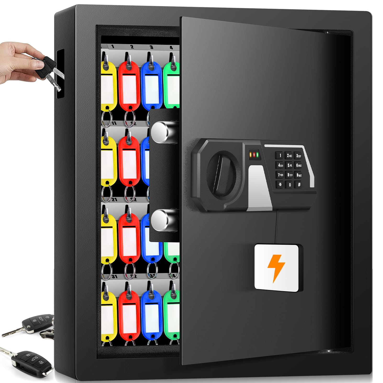 Mejasg Feuerfester Schlüsselkasten. Dunkelgrauer Stahlschrank zur sicheren Aufbewahrung von 48 Schlüsseln via Zahlencode.