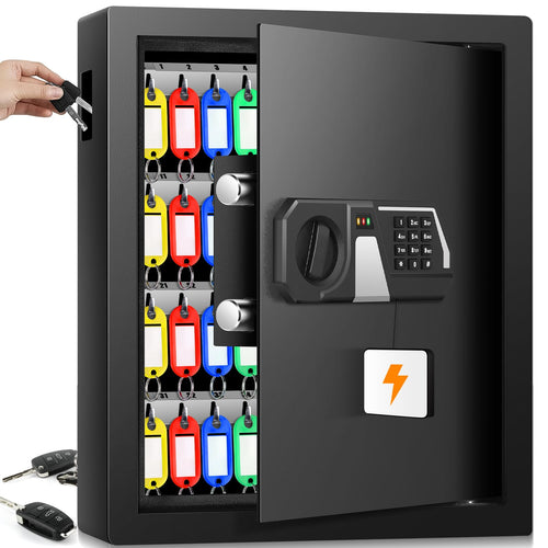 Mejasg Feuerfester Schlüsselkasten. Dunkelgrauer Stahlschrank zur sicheren Aufbewahrung von 48 Schlüsseln via Zahlencode.