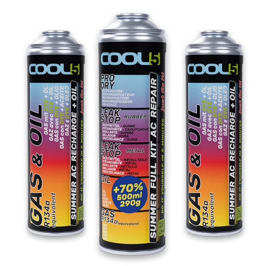 Cool5 Ersatzkältemittel R134a Auto – 2 Dosen 2in1 + 1 Dose 5in1. Silberne Dosen zum Befüllen von PKW-Klimaanlagen.