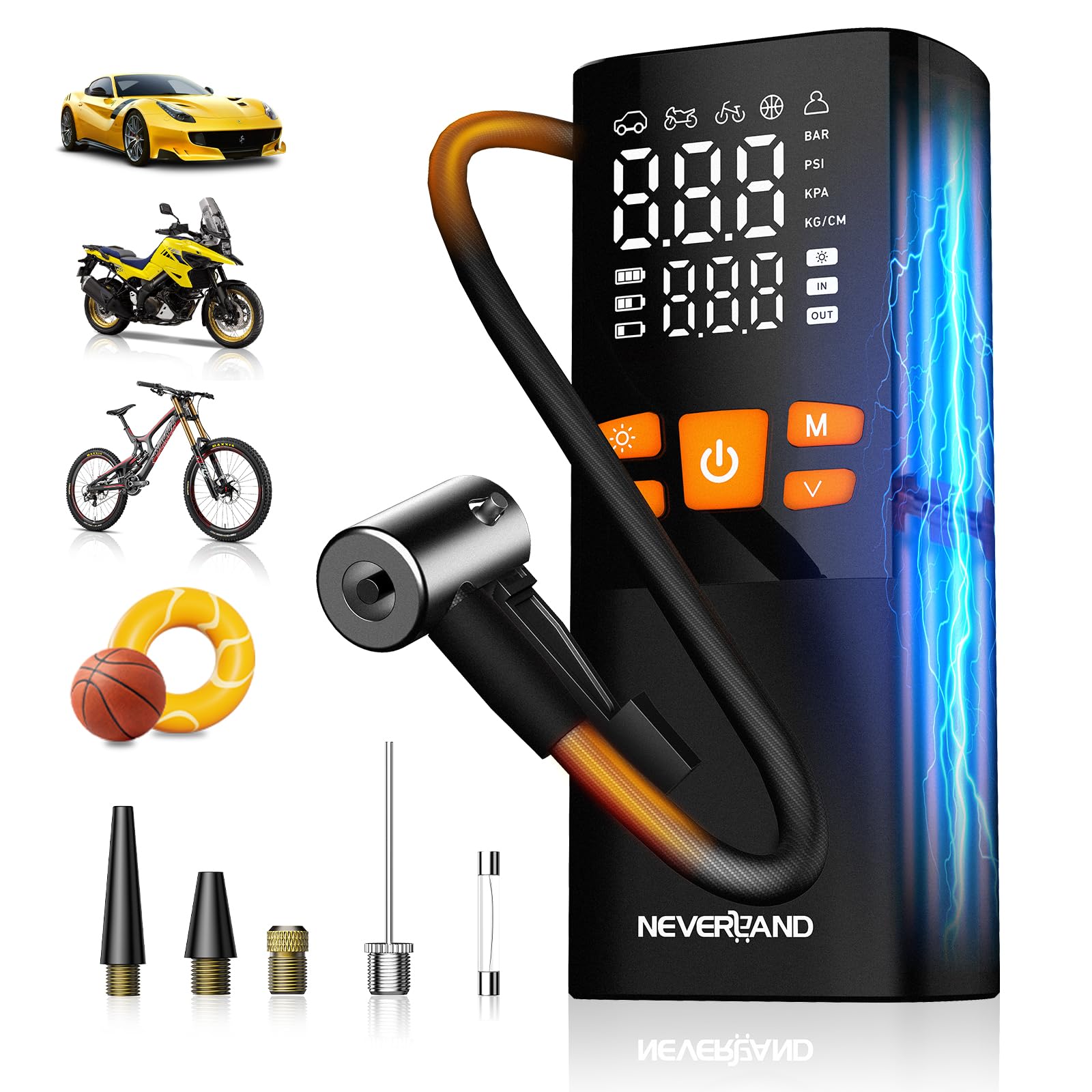 NEVERLAND Elektrische Luftpumpe Akku Kompressor 150 PSI mit Powerbank, tragbar mit Manometer und LED-Licht