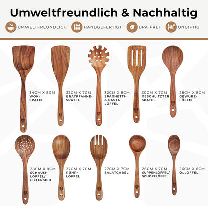 Woodenhouse Kochbesteck Set 10-teilig aus Teakholz mit Kochlöffel