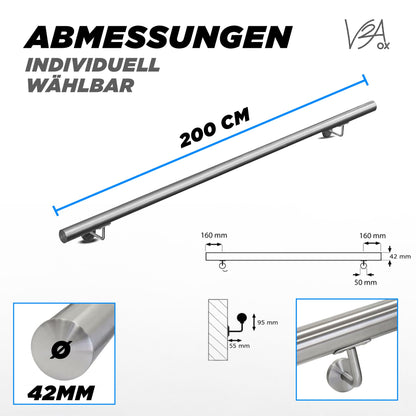 V2Aox Handlauf Treppengeländer Edelstahl rostfrei, 200 cm, Ø 42 mm