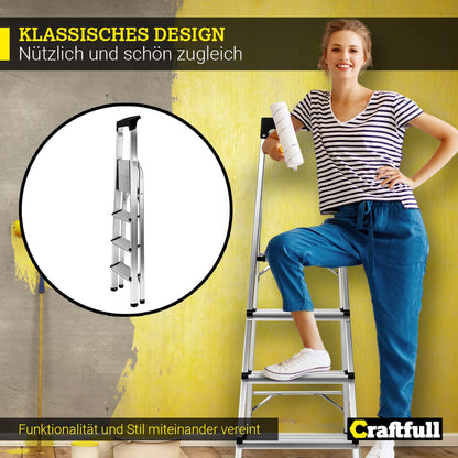 CRAFTFULL CF-133B Alu Klappleiter mit Ablage – 4 Stufen Haushaltsleiter