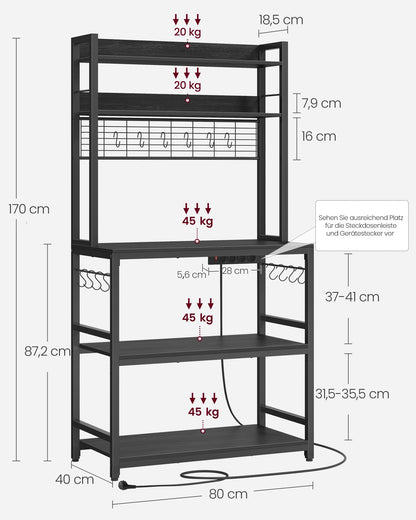 VASAGLE KKS025B32 Küchenregal mit Steckdosen – Anthrazitgrau-Schwarz