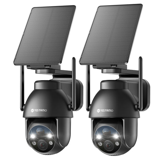 YESYAMO 2K Überwachungskamera Aussen WLAN Solar PTZ - 2er Set: Zwei weiße Kameras mit Solarpanel zur Außenüberwachung.