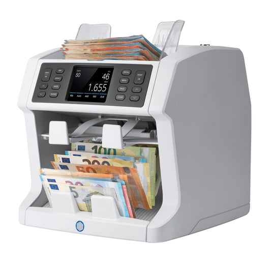 Safescan 2985-SX Geldzählmaschine. Kompakte, dunkelgraue Banknotenzählmaschine zum Zählen, Sortieren und Prüfen der Echtheit von Banknoten.