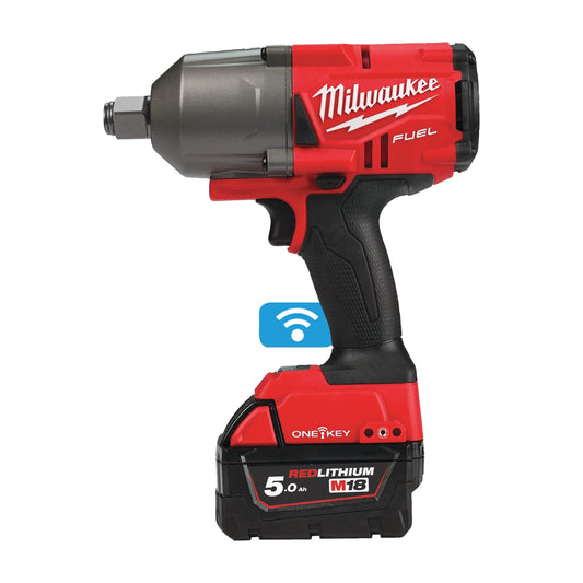 Milwaukee M18ONEFHIWF34-502X Akku-Schlagschrauber 18V 3/4". Rot-schwarz, mit 3/4" Vierkant, löst/zieht Schrauben kraftvoll.