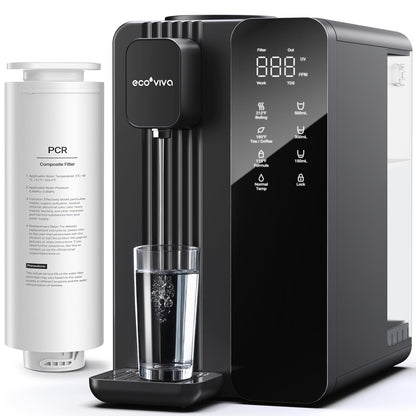 Ecoviva UV Auftisch Umkehrosmose Wasserfilter Heisswasserspender - Schwarz. Filtert Trinkwasser per Umkehrosmose/UV & spendet Heisswasser.