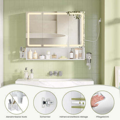 FORABAMB Spiegelschrank mit LED-Beleuchtung, 3 Türen, 80 cm, Weiss