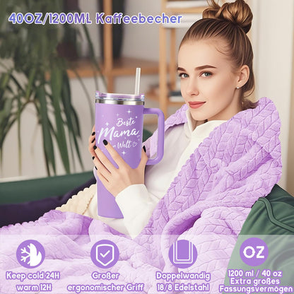 UOOYAA Geschenkset für Mama mit Edelstahlbecher und Kuscheldecke