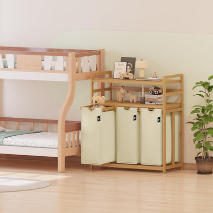 AdelDream Wäschesortierer 150 l mit 3 Fächern, Bambusrahmen, Beige