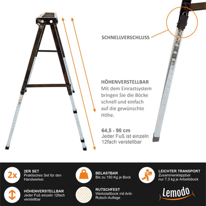 Lemodo Arbeitsbock höhenverstellbar, 2er Set, Stahl, 150 kg Tragkraft