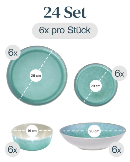 Pure Living Ibiza Steingut Geschirrset 6 Personen - 24 tlg. Türkis