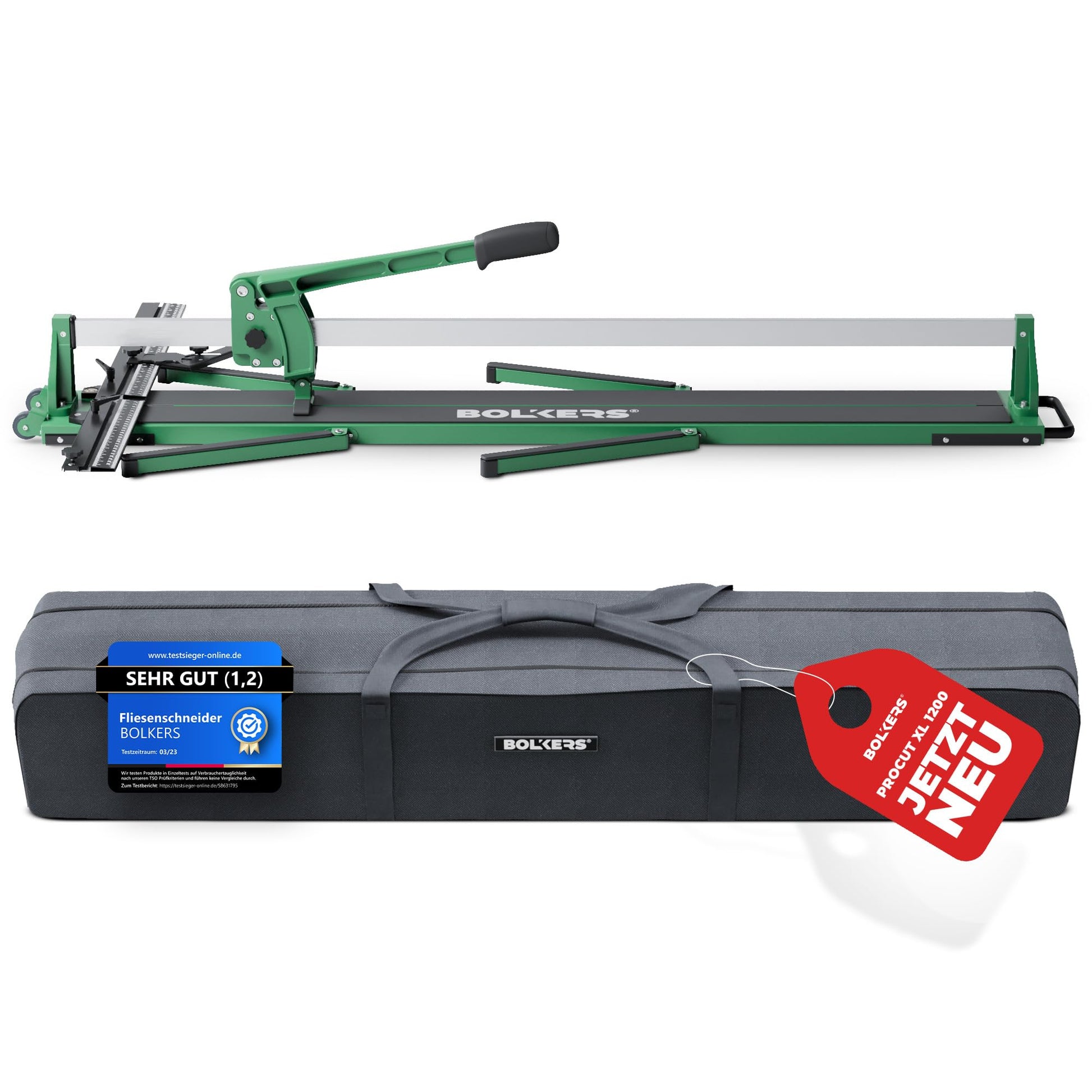 BOLKERS® ProCut XL 1200 Fliesenschneider: Langer, grauer Fliesenschneider mit Schneidrad und Brechvorrichtung zum präzisen Trennen von Fliesen.