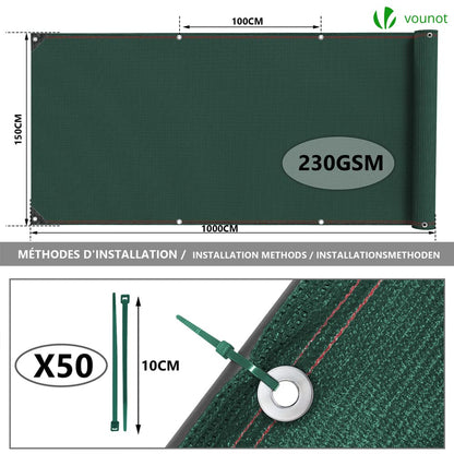 VOUNOT Zaunblende Sichtschutz Schattiernetz 1,5 x 10 m HDPE, Grün