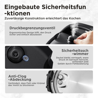 Midea Elektrischer Schnellkochtopf 6L, 9-in-1 Multikocher, Schwarz