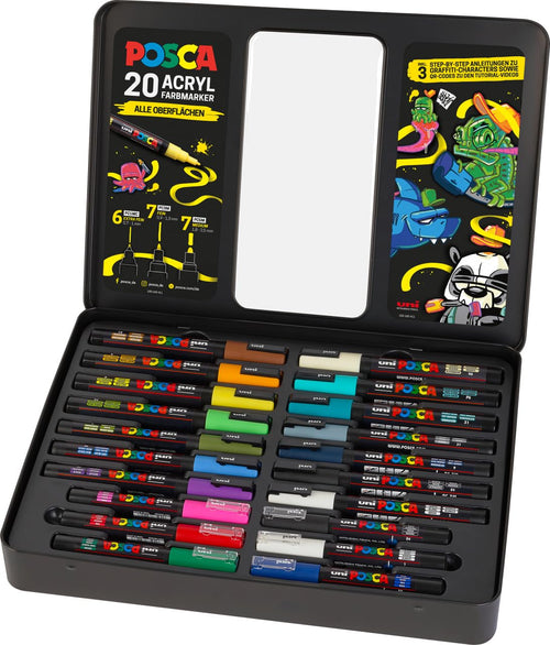 POSCA Marker Set 186830, 20 Acrylmarker im Metalletui mit Anleitungen, drei Spitzenarten